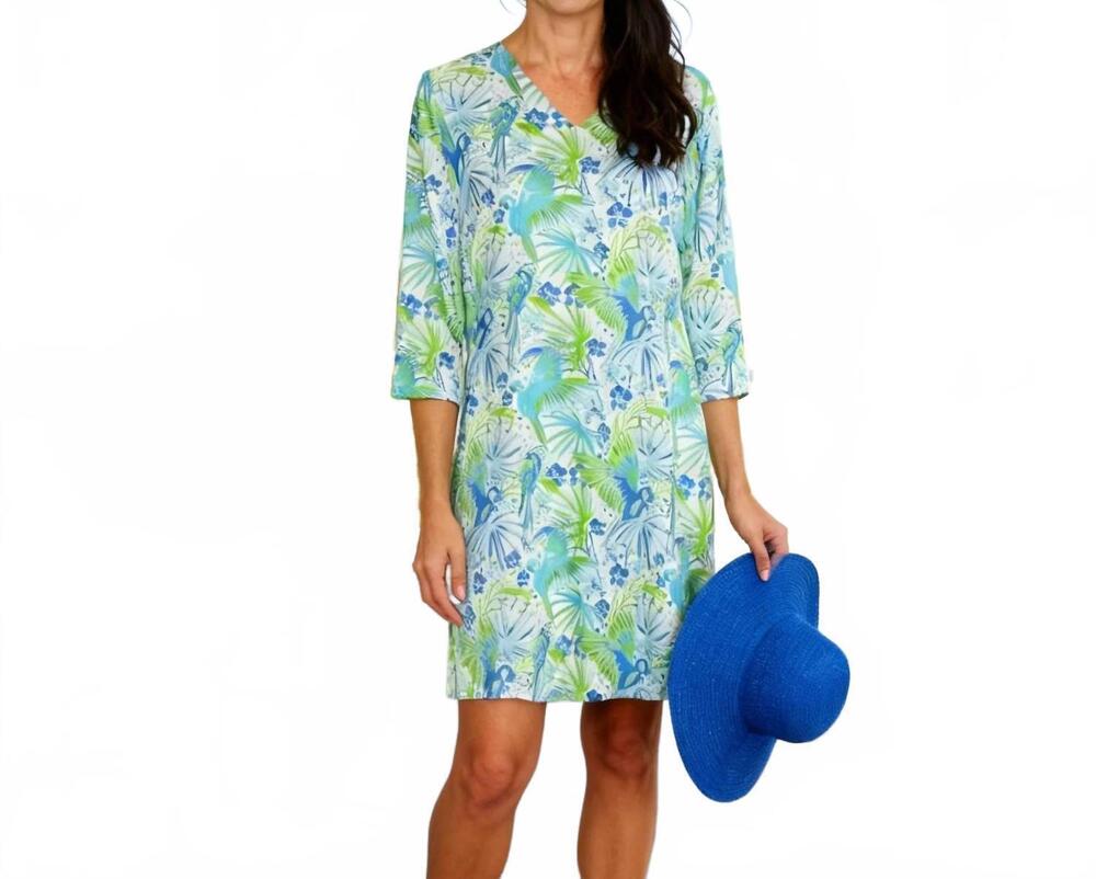 NEW KATHERINE WAY brisbane v neck dress in parrotheads at play blue and white